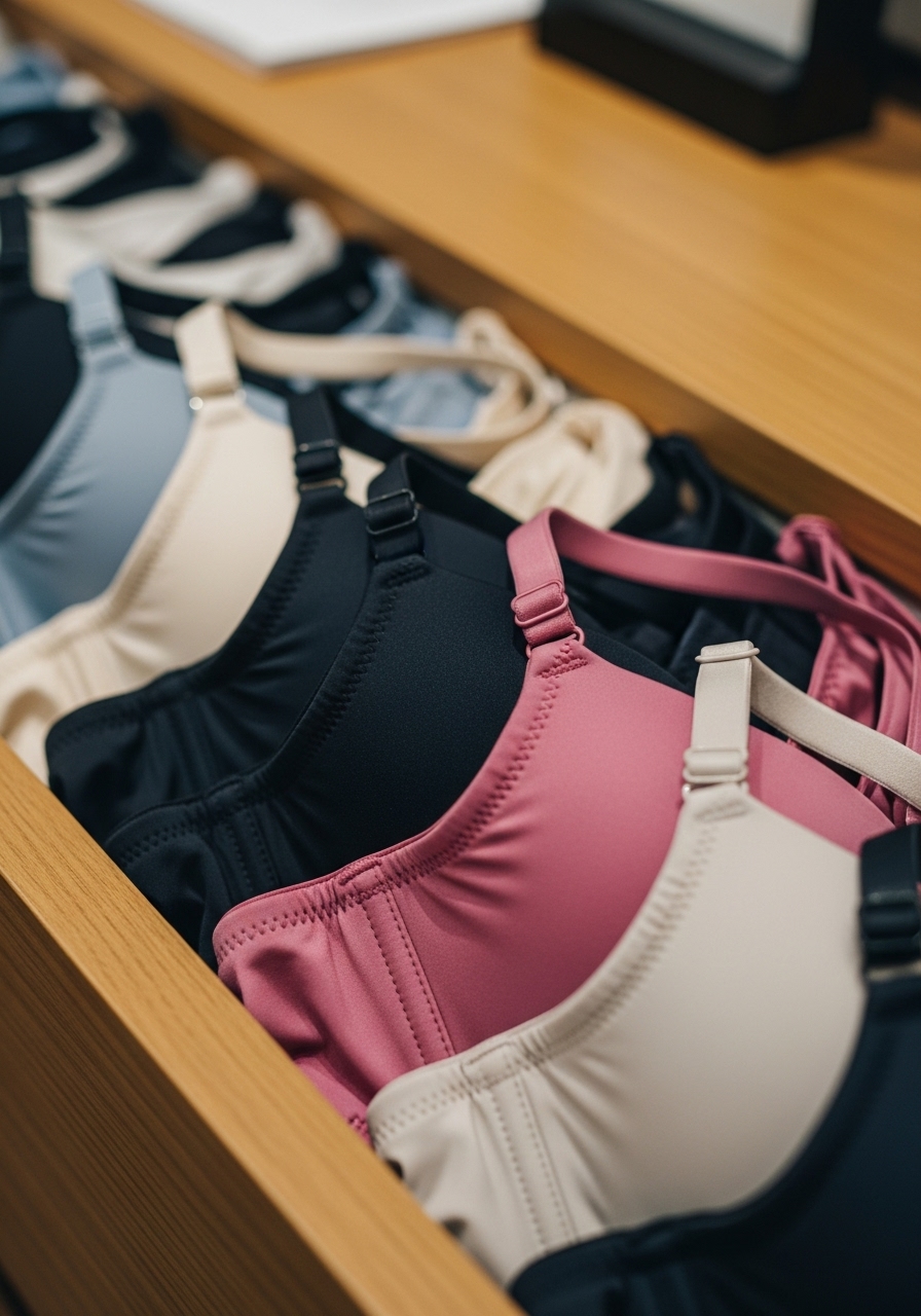 近距離拍攝數件收納整齊、狀況良好的內衣，凸顯其堅固的肩帶、完整的罩杯和質感面料，暗示著內衣的耐用性。
